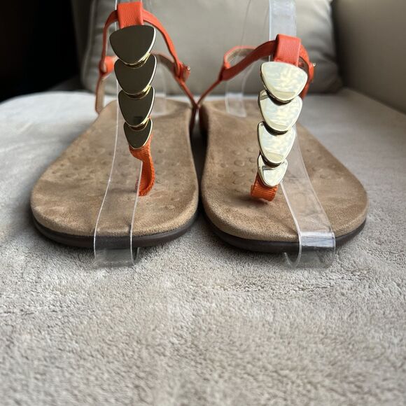 Vionic Rest Miami Orange Leather T-Strap Sandals Women 8 Gold Accents Strappy - Picture 9 of 14